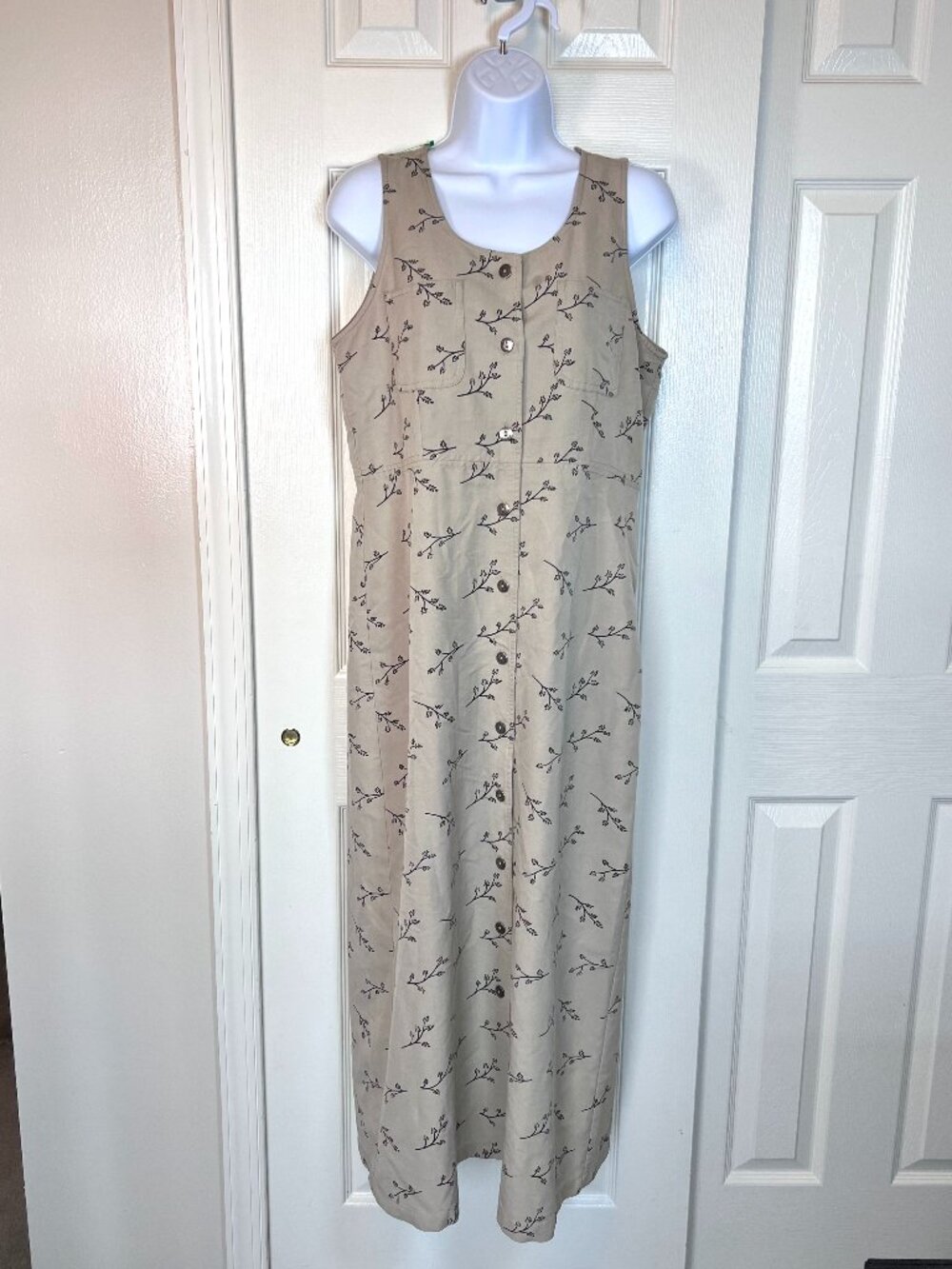 Vintage 90's Floral Tan Straight Button Up Sleeveless Modest Dress Size S